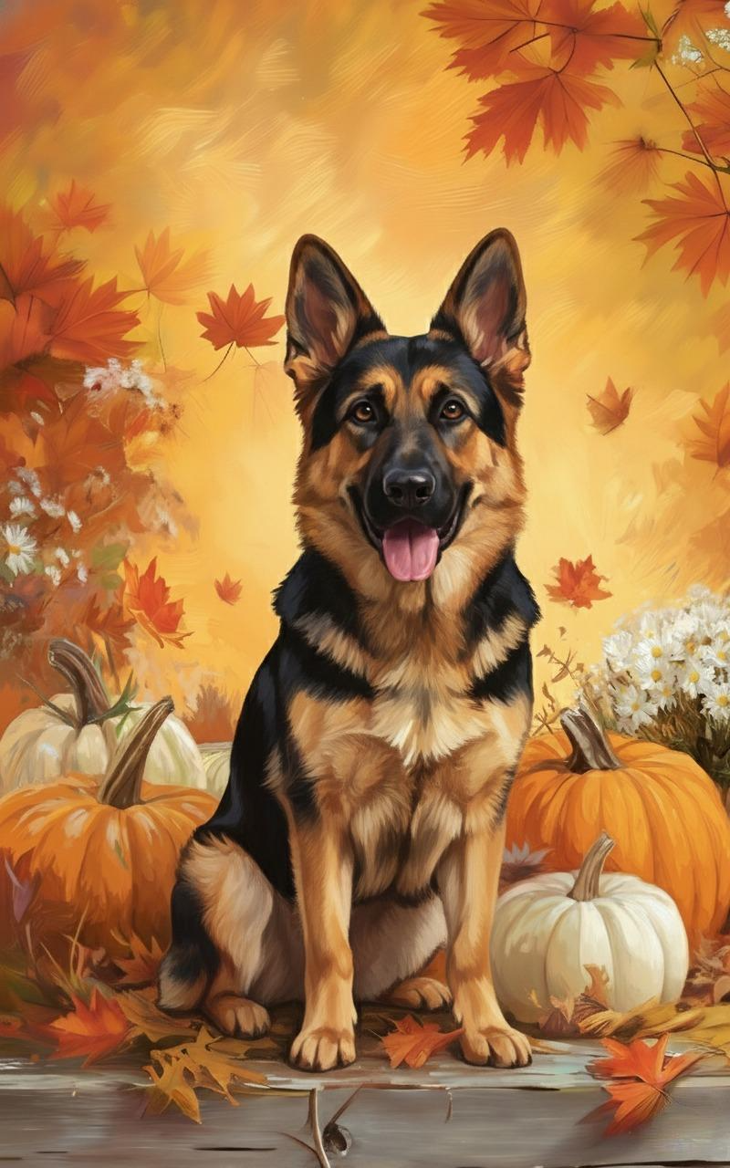 German Shepherd and Four Pumpkins Diamond Art Kit