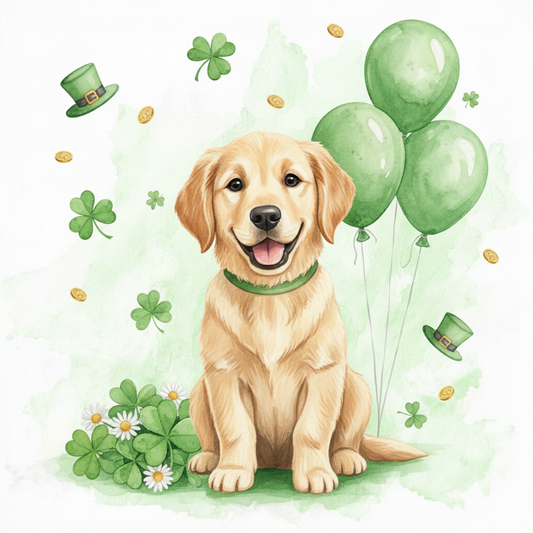 Golden Retriever Puppy and Green Balloons Diamond Art Kit
