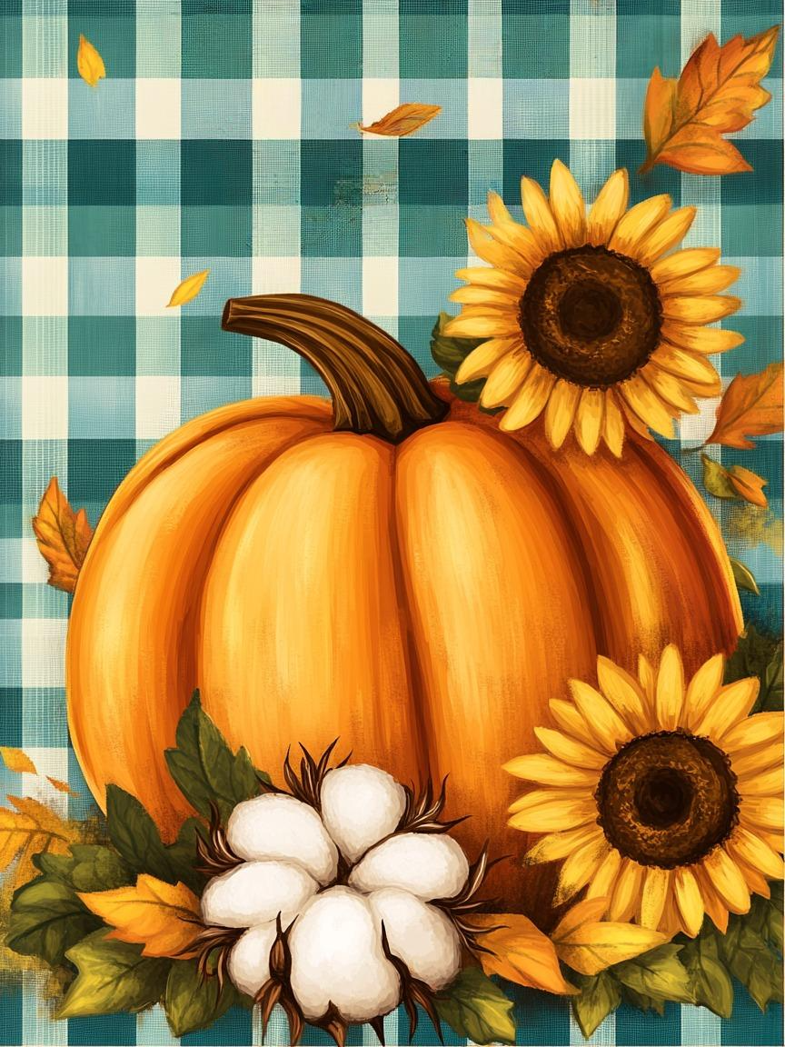 Green Plaid Pumpkin and Sunflowers Diamond Art Kit