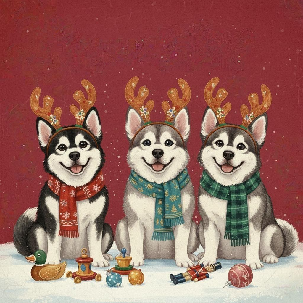 Happy Holidays Alaskan Malamutes Diamond Art Kit