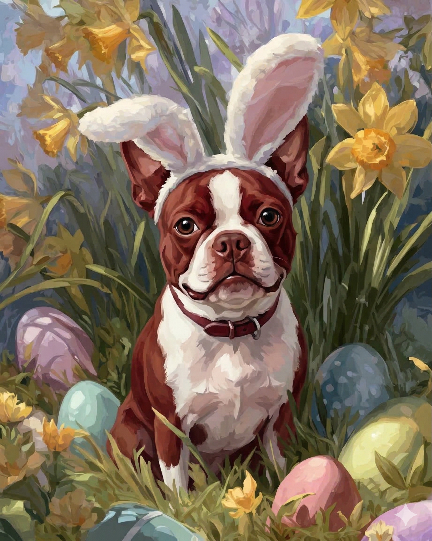 Pink Bunny Ears Red Boston Terrier Diamond Art Kit