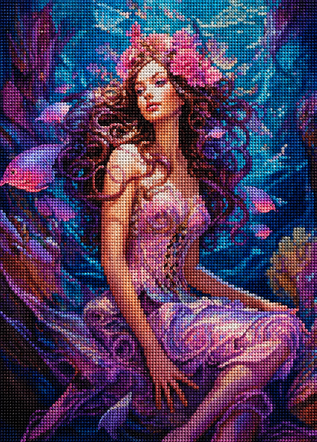 Pink Flower Fish Woman Diamond Art Kit — diamond art kit canvas