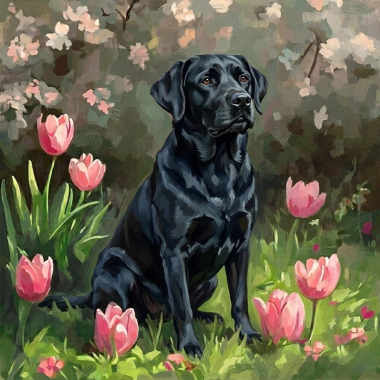 Pink Tulips and Black Labrador Retriever Diamond Art Kit