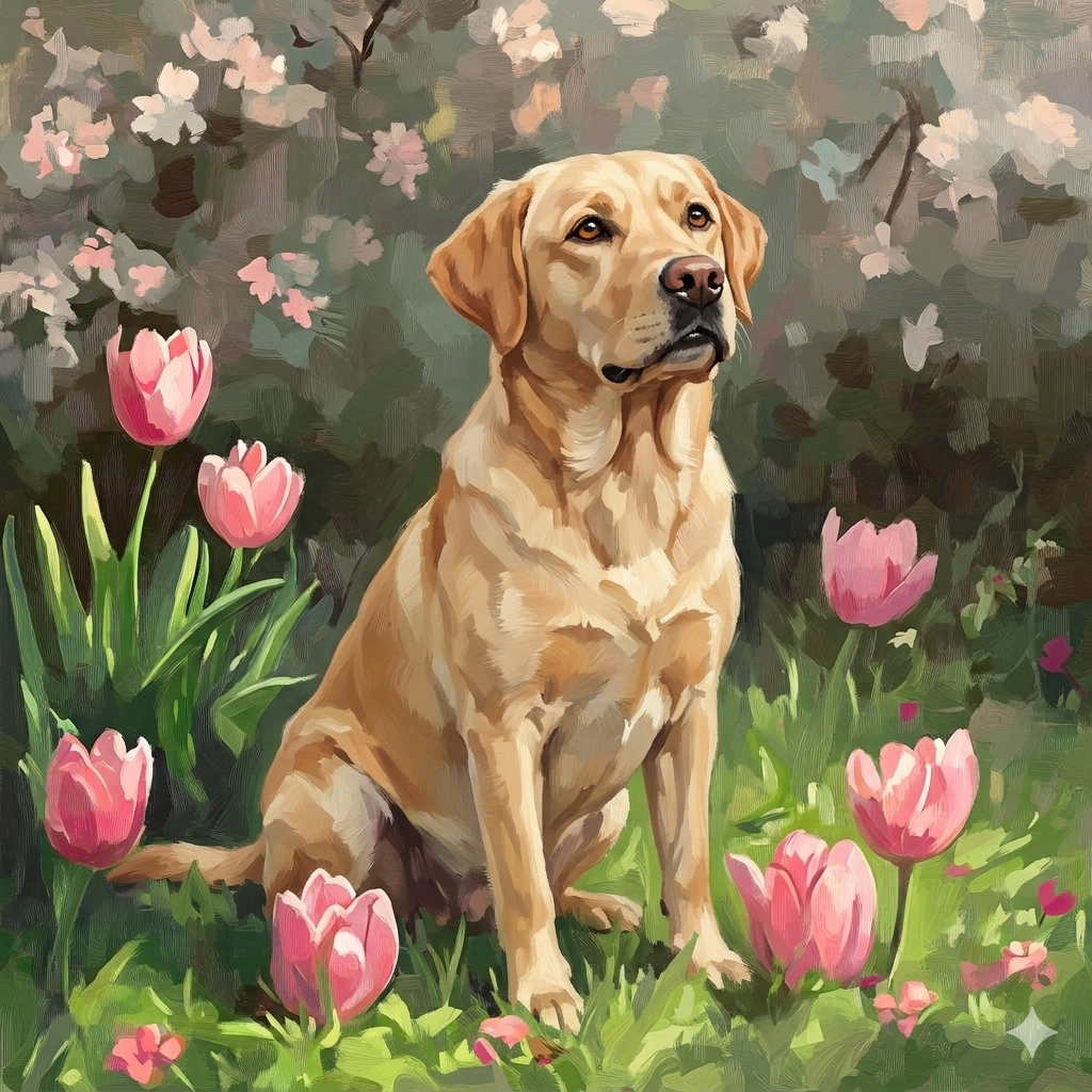 Pink Tulips and Yellow Labrador Retriever Diamond Art Kit