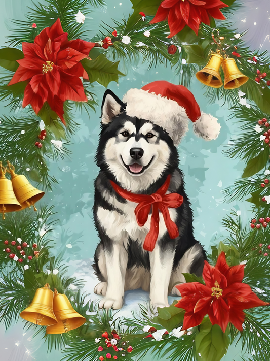 Poinsettia and Bells Alaskan Malamute Diamond Art Kit