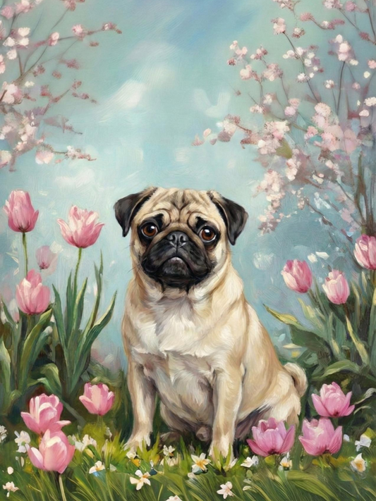Pug in the Tulips Diamond Art Kit