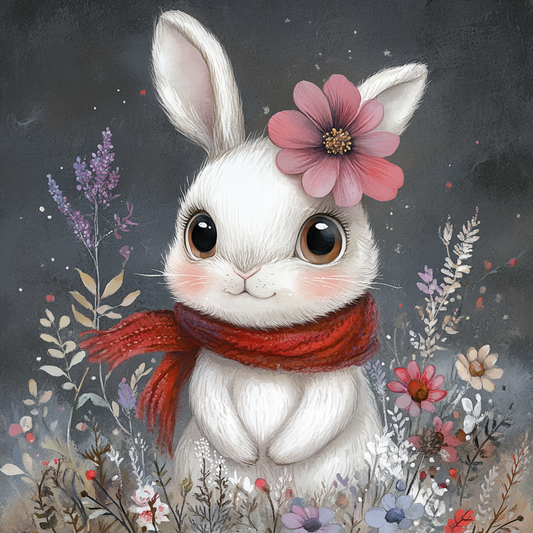 White Scarf White Rabbit and Flowers Diamond Art Kit
