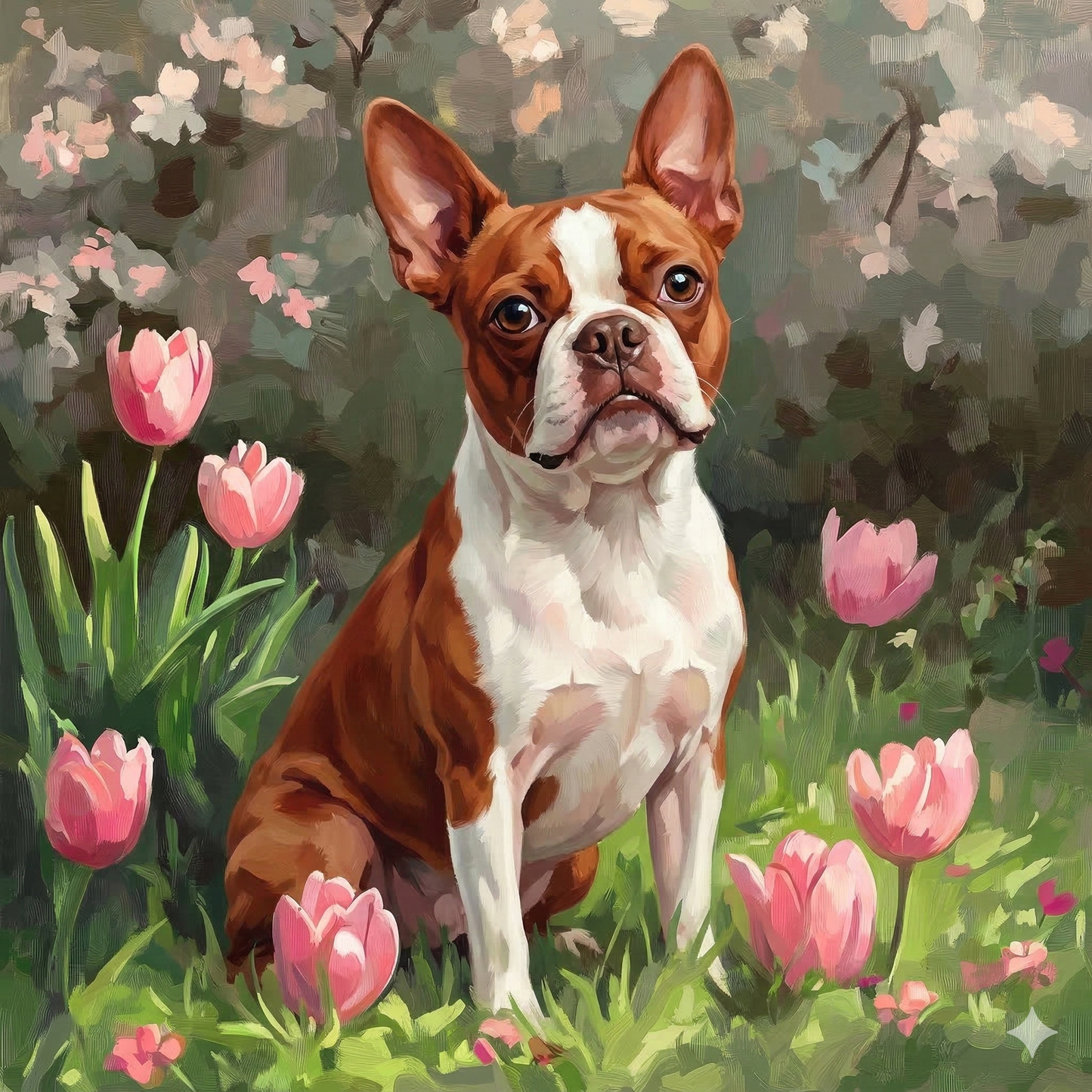 Red Boston Terrier and Pink Tulips Diamond Art Kit