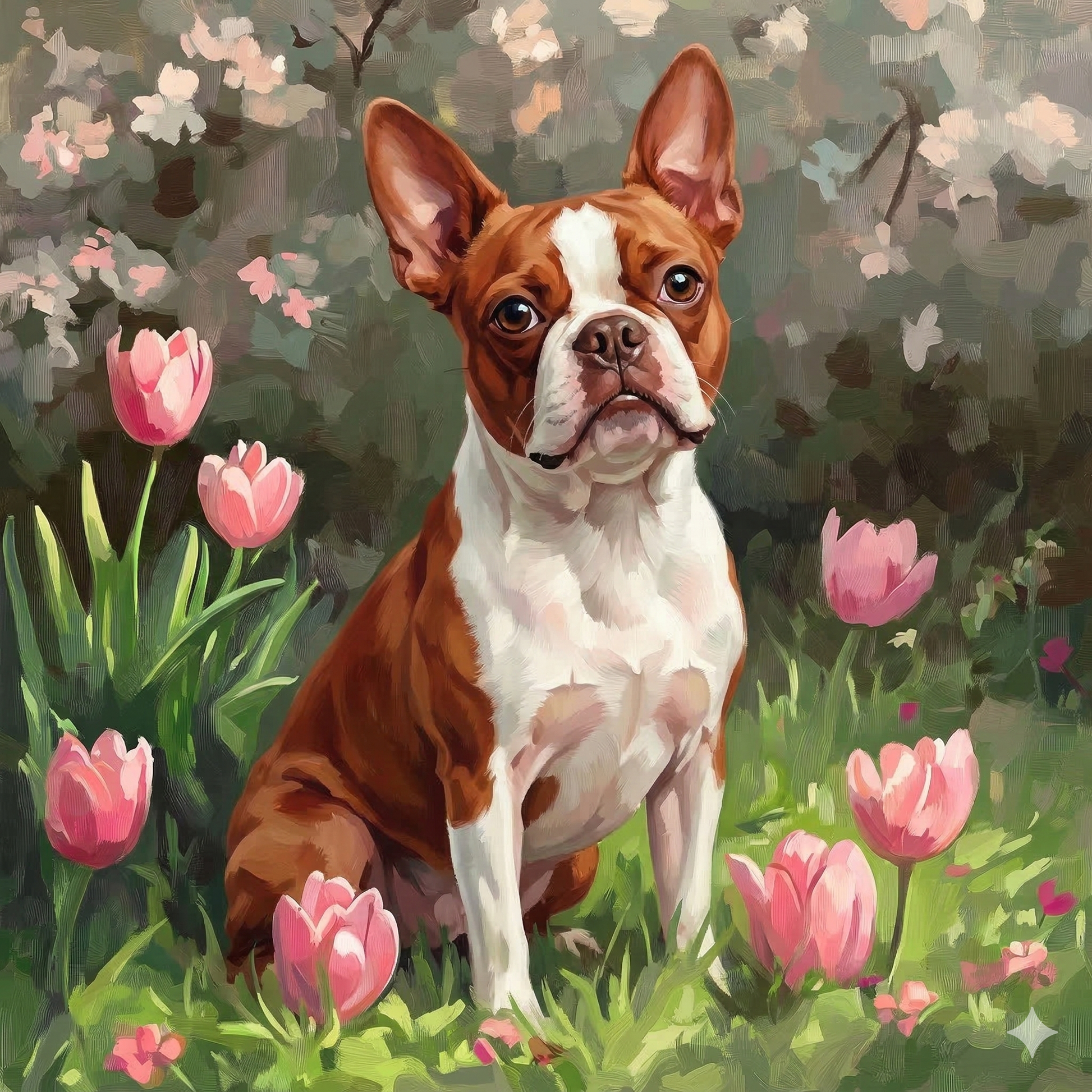 Red Boston Terrier and Pink Tulips Diamond Art Kit
