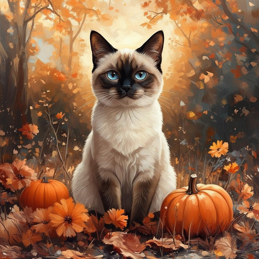 Siamese Cat in Pumpkins Diamond Art Kit