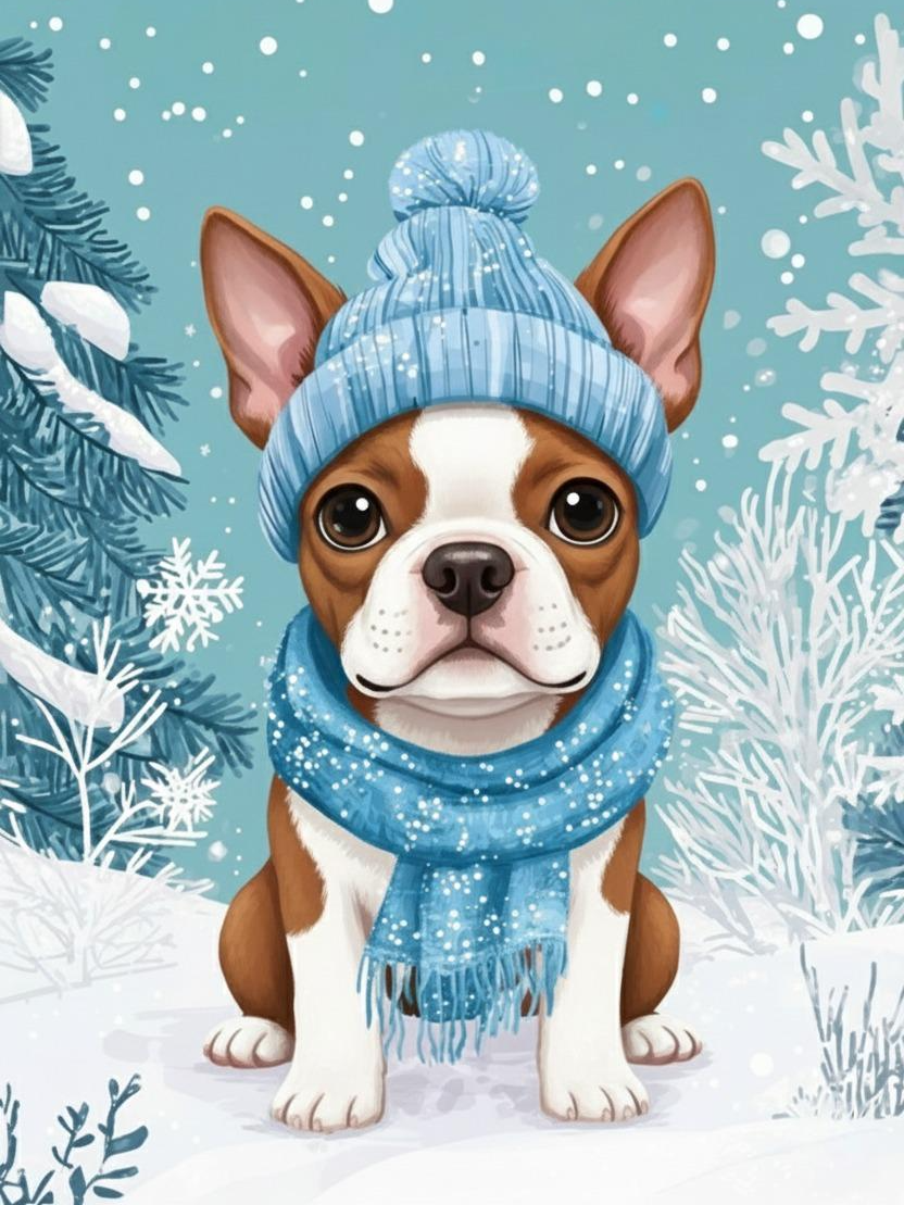 Snowy Red Boston Terrier Diamond Art Kit