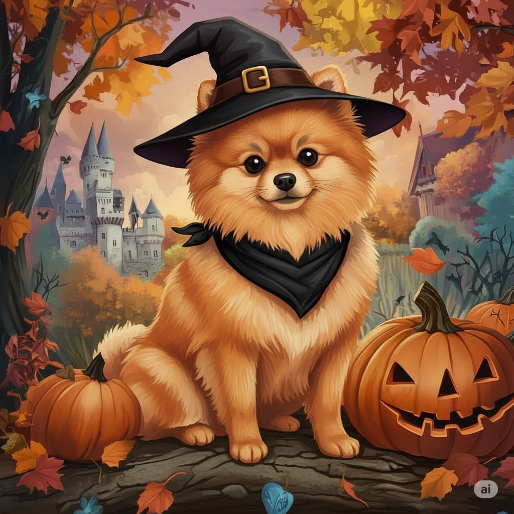 Witch Hat Pomeranian and Pumpkins Diamond Art Kit