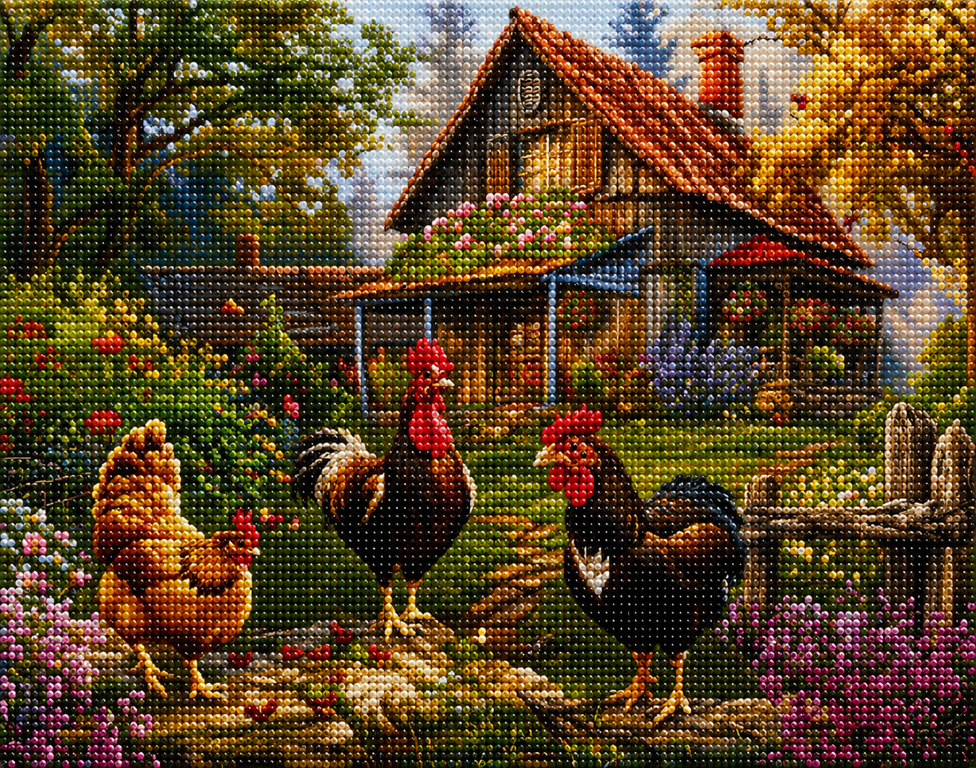 Wood Cabin Roosters Diamond Art Kit