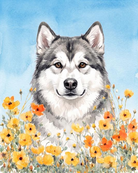 Yellow Poppies Alaskan Malamute Diamond Art Kit