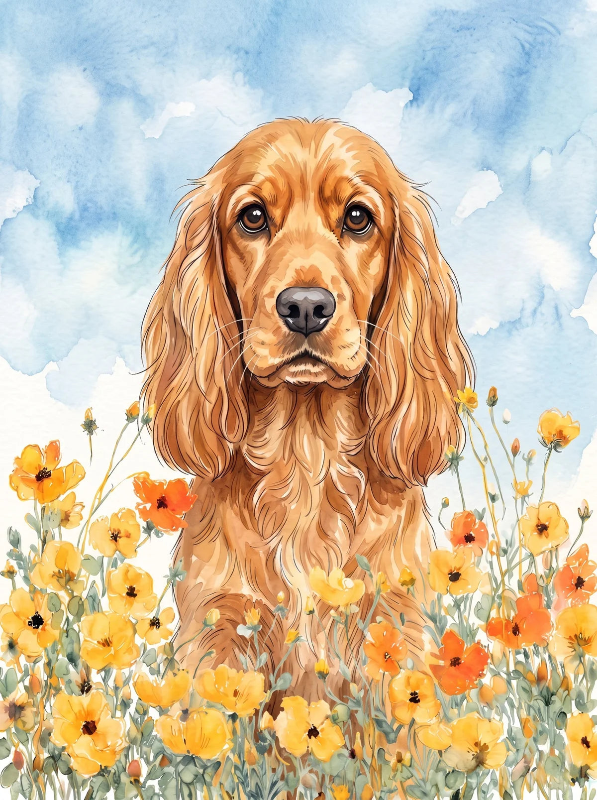 Yellow Poppies Cocker Spaniel Diamond Art Kit