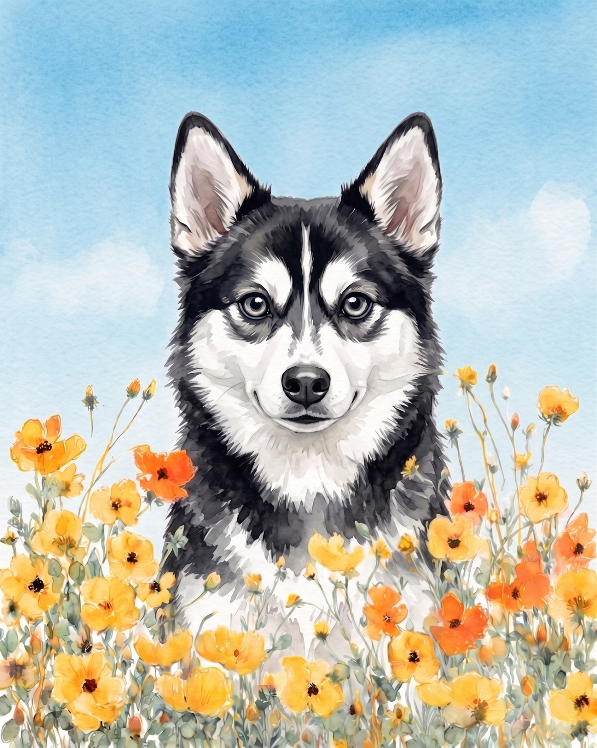 Yellow Poppies Alaskan Klee Kai Diamond Art Kit