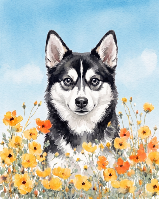 Yellow Poppies Alaskan Klee Kai Diamond Art Kit