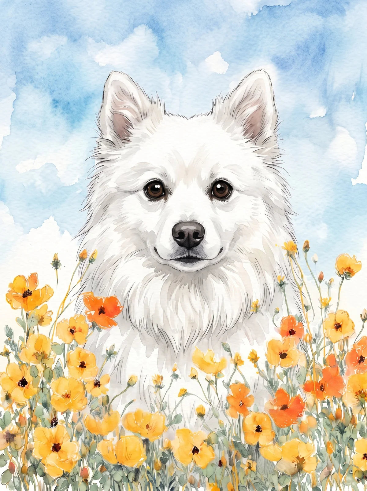 Yellow Poppies American Eskimo Dog Diamond Art Kit