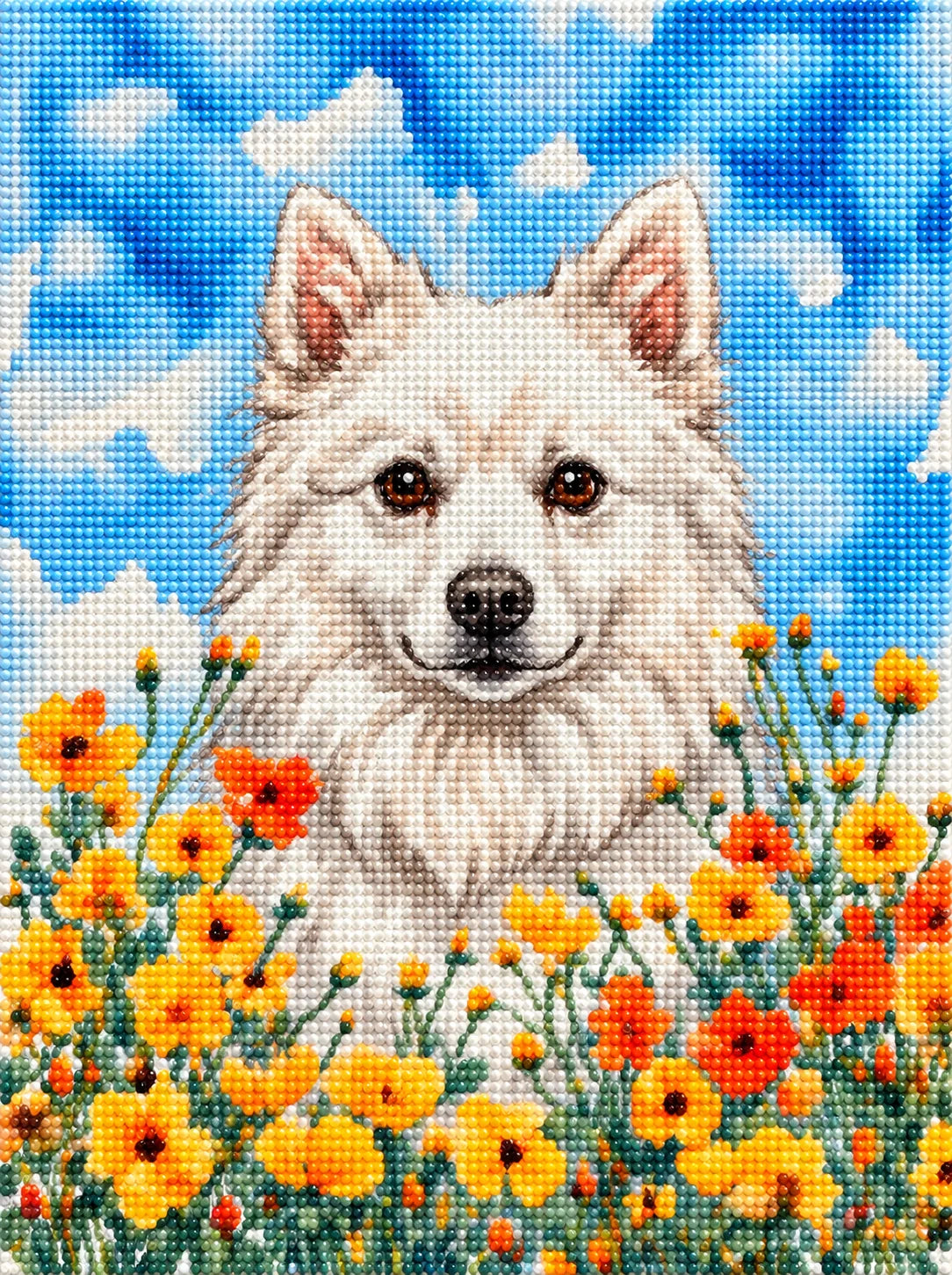 Yellow Poppies American Eskimo Dog Diamond Art Kit