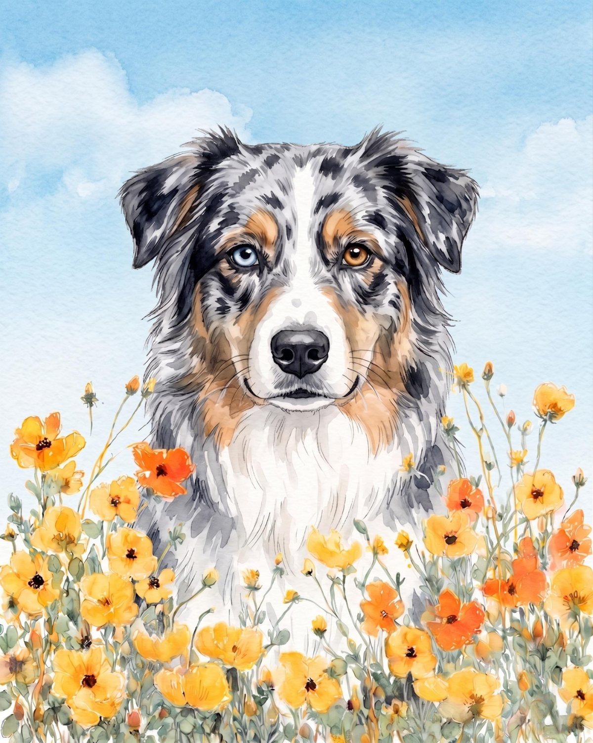 Yellow Poppies Australian Shepherd Diamond Art Kit