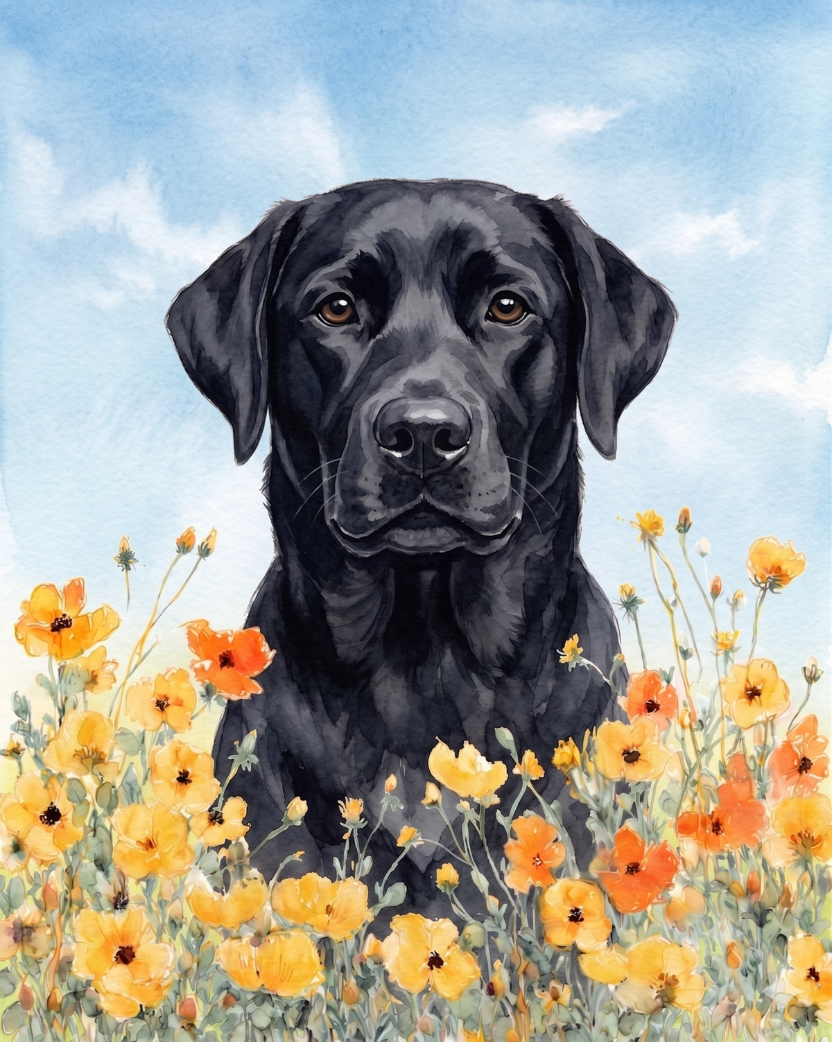 Yellow Poppies Black Labrador Retriever Diamond Art Kit