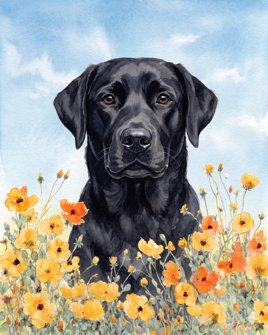 Yellow Poppies Black Labrador Retriever Diamond Art Kit