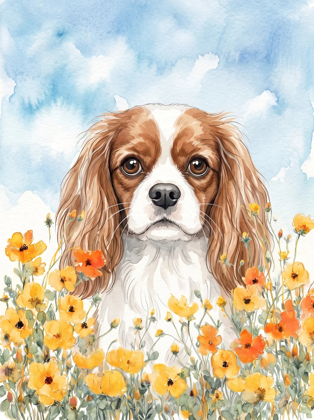 Yellow Poppies Cavalier King Charles Spaniel Diamond Art Kit