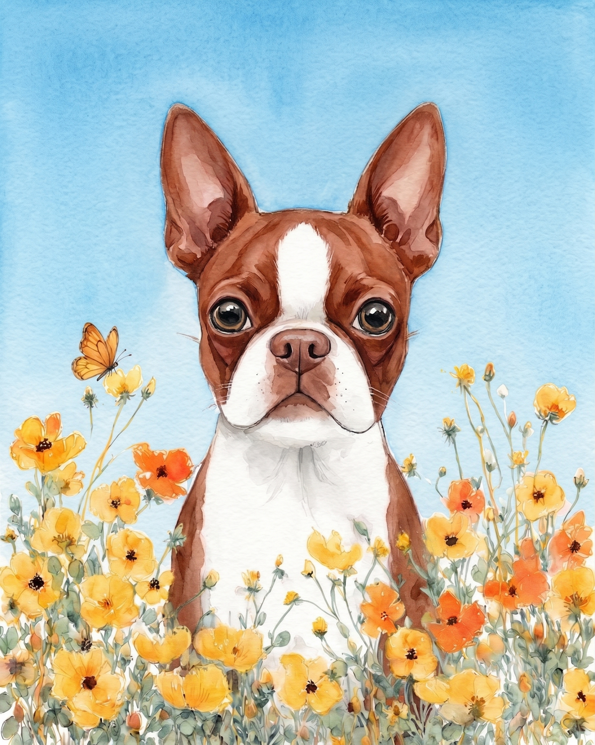 Yellow Poppies Red Boston Terrier Diamond Art Kit