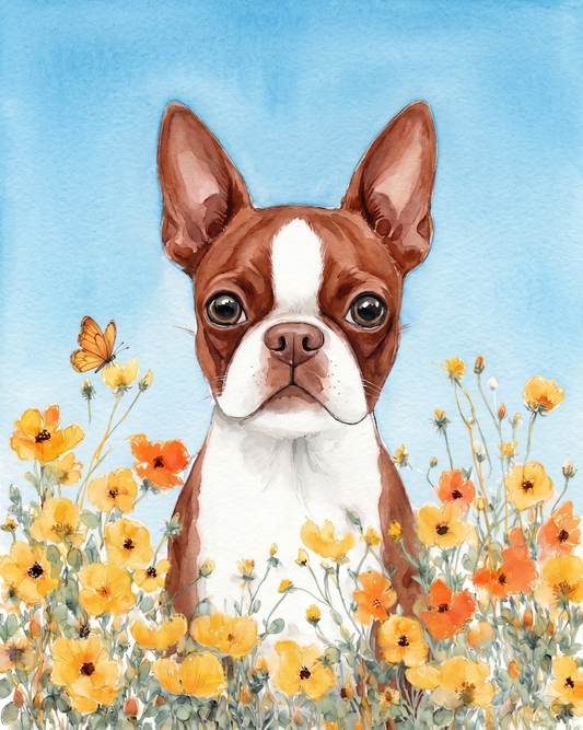 Yellow Poppies Red Boston Terrier Diamond Art Kit