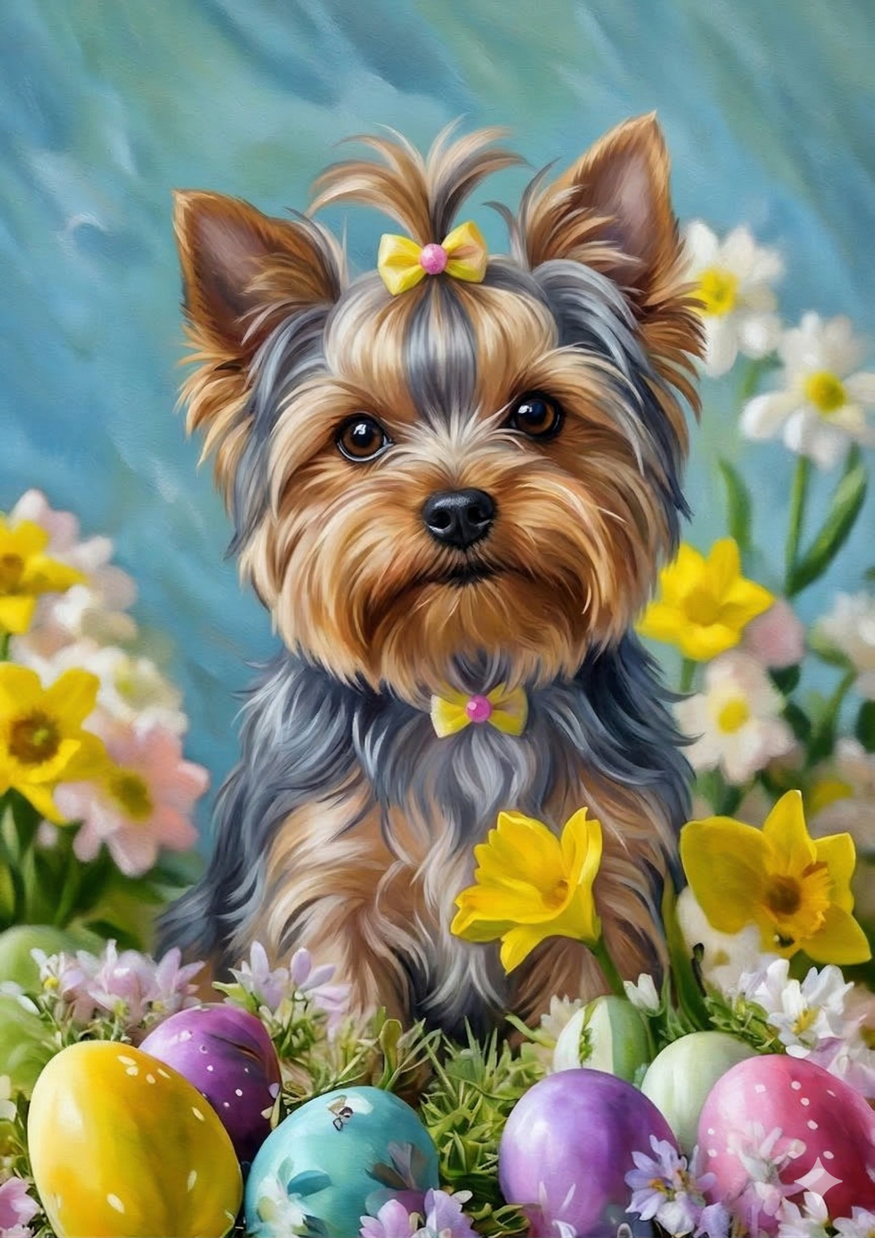 Yorkshire Terrier with Flowers and Easter Eggs Diamond Art Kit