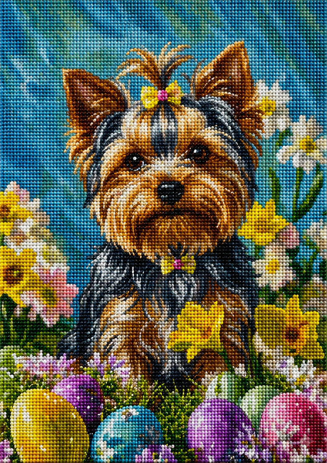Yorkshire Terrier with Flowers and Easter Eggs Diamond Art Kit