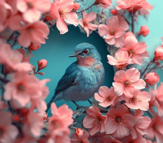 Abstract Blue Bird in Peach Blossoms Diamond Art Kit