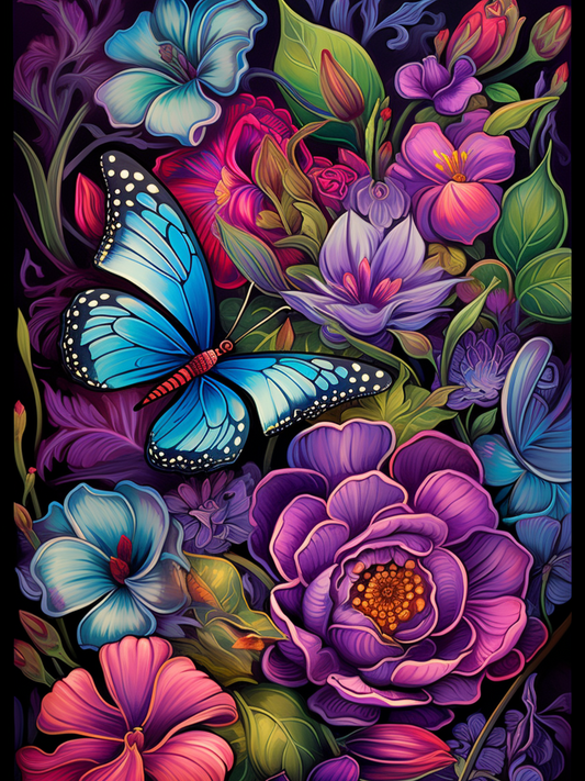 Abstract Blue Butterfly and Flowers Diamond Art Kit
