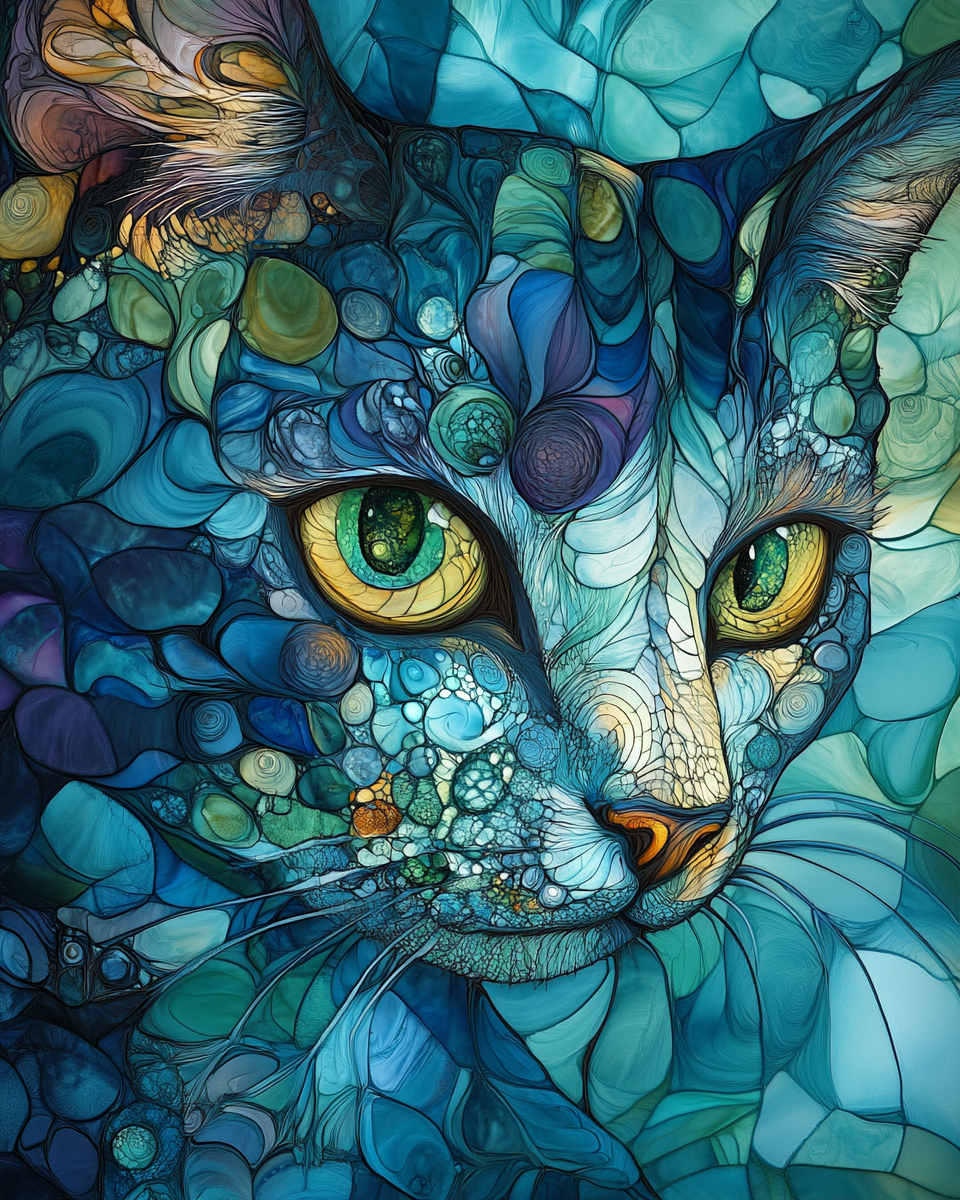 Abstract Blue and Green Cat Face Diamond Art Kit