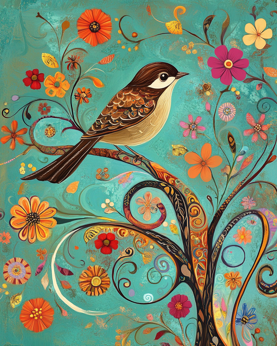Abstract Brown Bird and Tree Diamond Art Kit