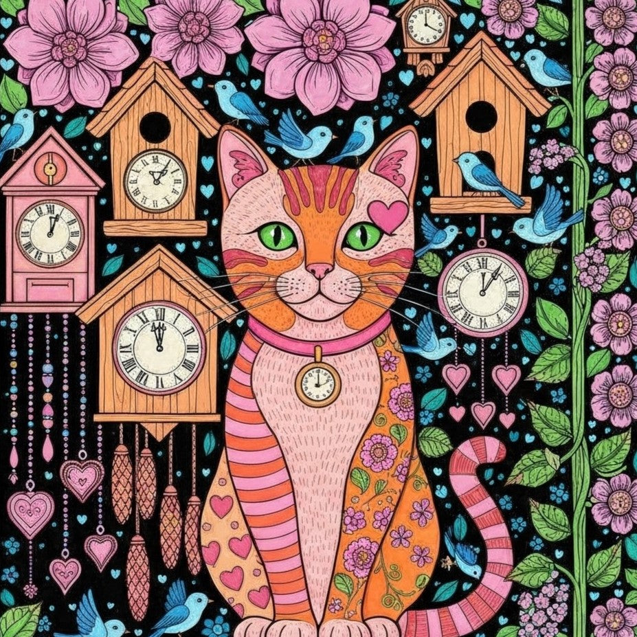 Abstract Cat and Cuckoo Clocks Diamond Art Kit