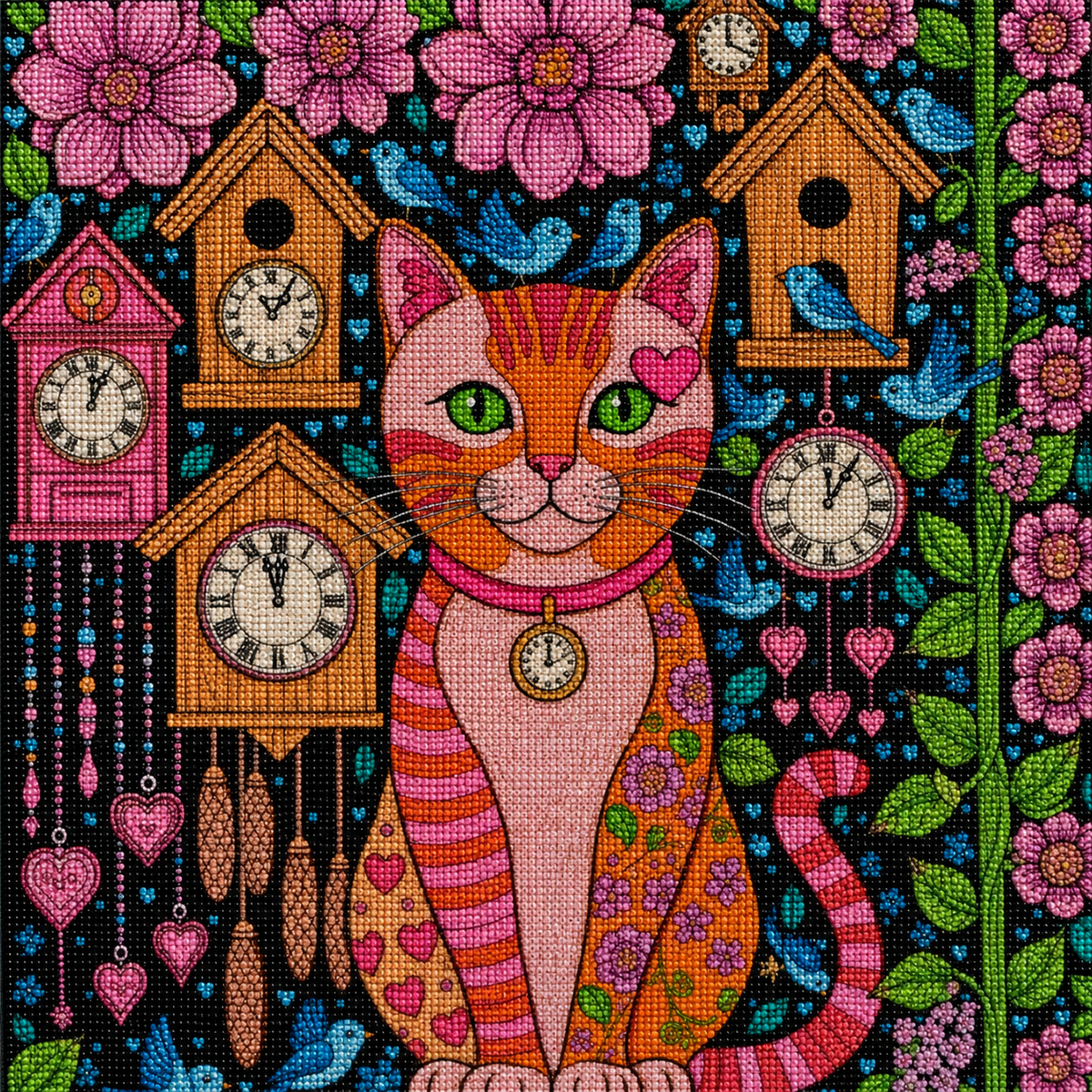 Abstract Cat and Cuckoo Clocks Diamond Art Kit — diamond art kit canvas