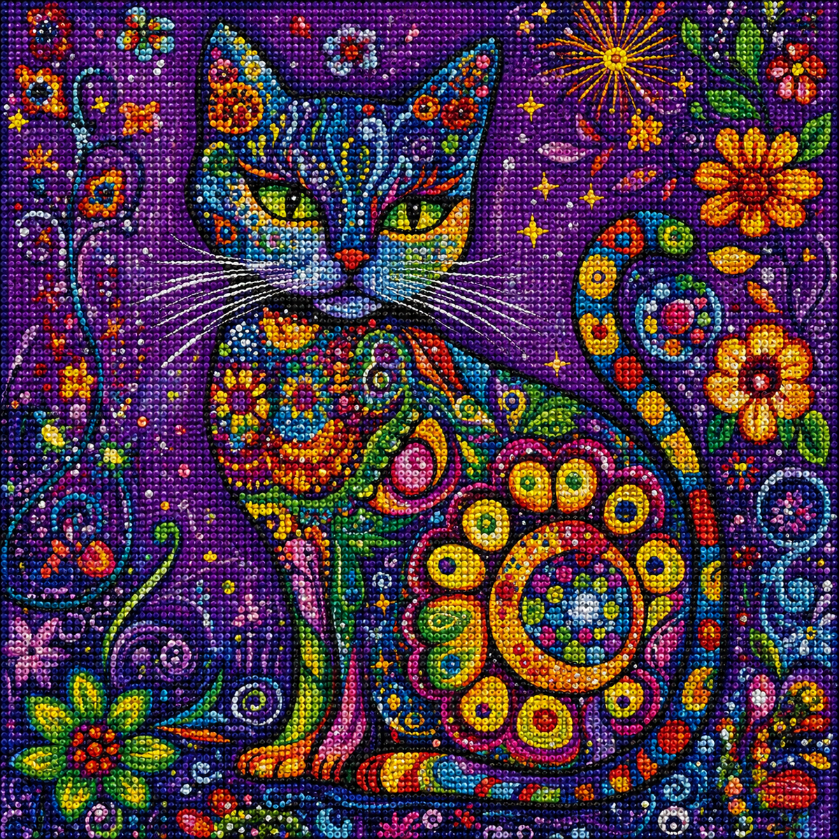 Abstract Cat and Flowers Diamond Art Kit — diamond art kit canvas