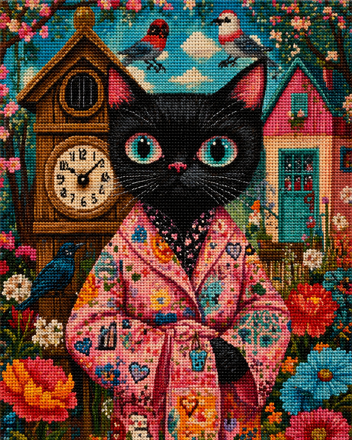 Abstract Cat and Cuckoo Clock Diamond Art Kit — diamond art kit canvas