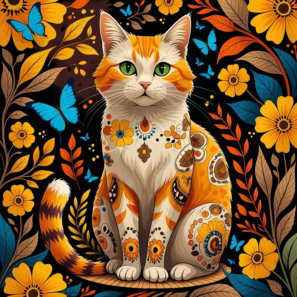 Abstract Cat With Blue Butterflies Diamond Art Kit