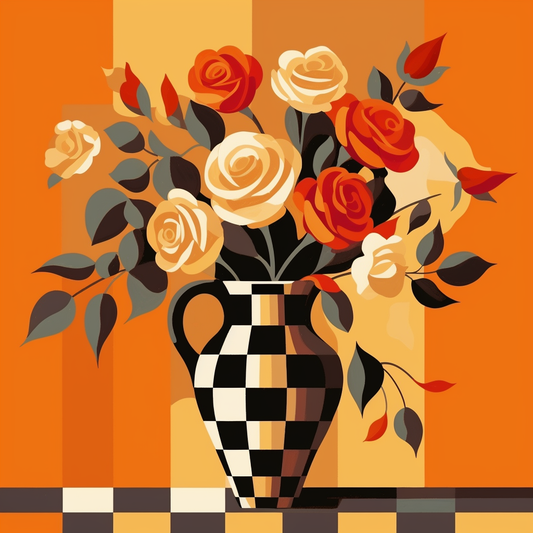 Abstract Checkered Vase of Roses Diamond Art Kit