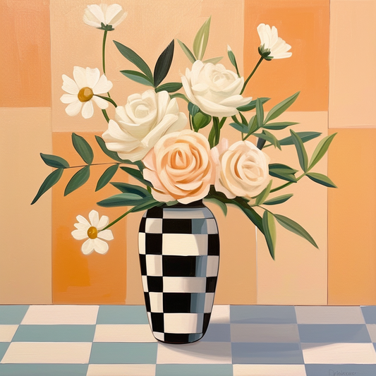 Abstract Checkered Vase of White Flowers Diamond Art Kit