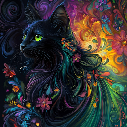 Abstract Colored Long Hair Black Cat Diamond Art Kit