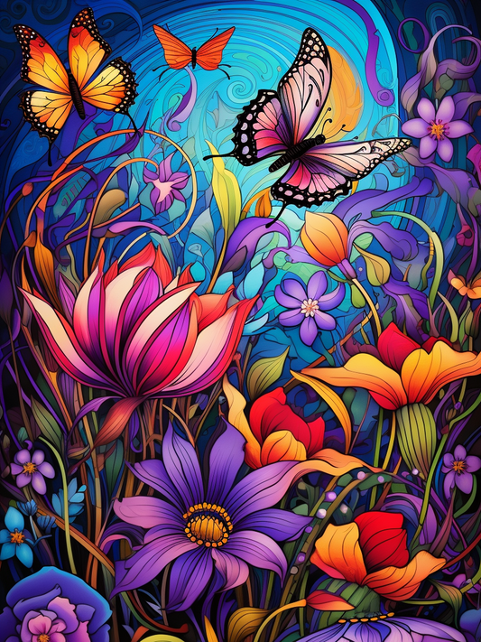 Abstract Colorful Flowers and Butterflies Diamond Art Kit