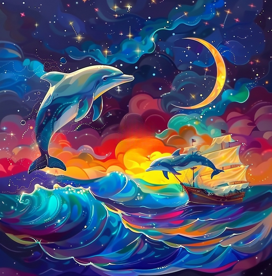 Abstract Crescent Moon Dolphins Diamond Art Kit