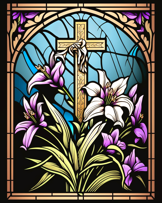 Abstract Cross With Purple and Cream Lilies Diamond Art Kit