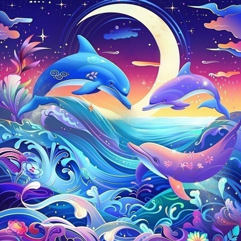Abstract Dolphins and Crescent Moon Diamond Art Kit