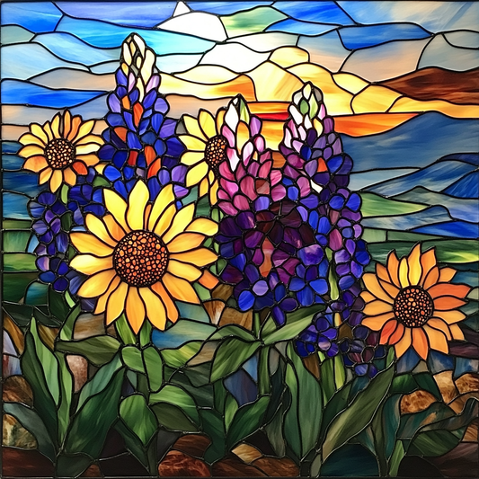 Abstract Field of Blue Bonnets and Sunflowers Diamond Art Kit