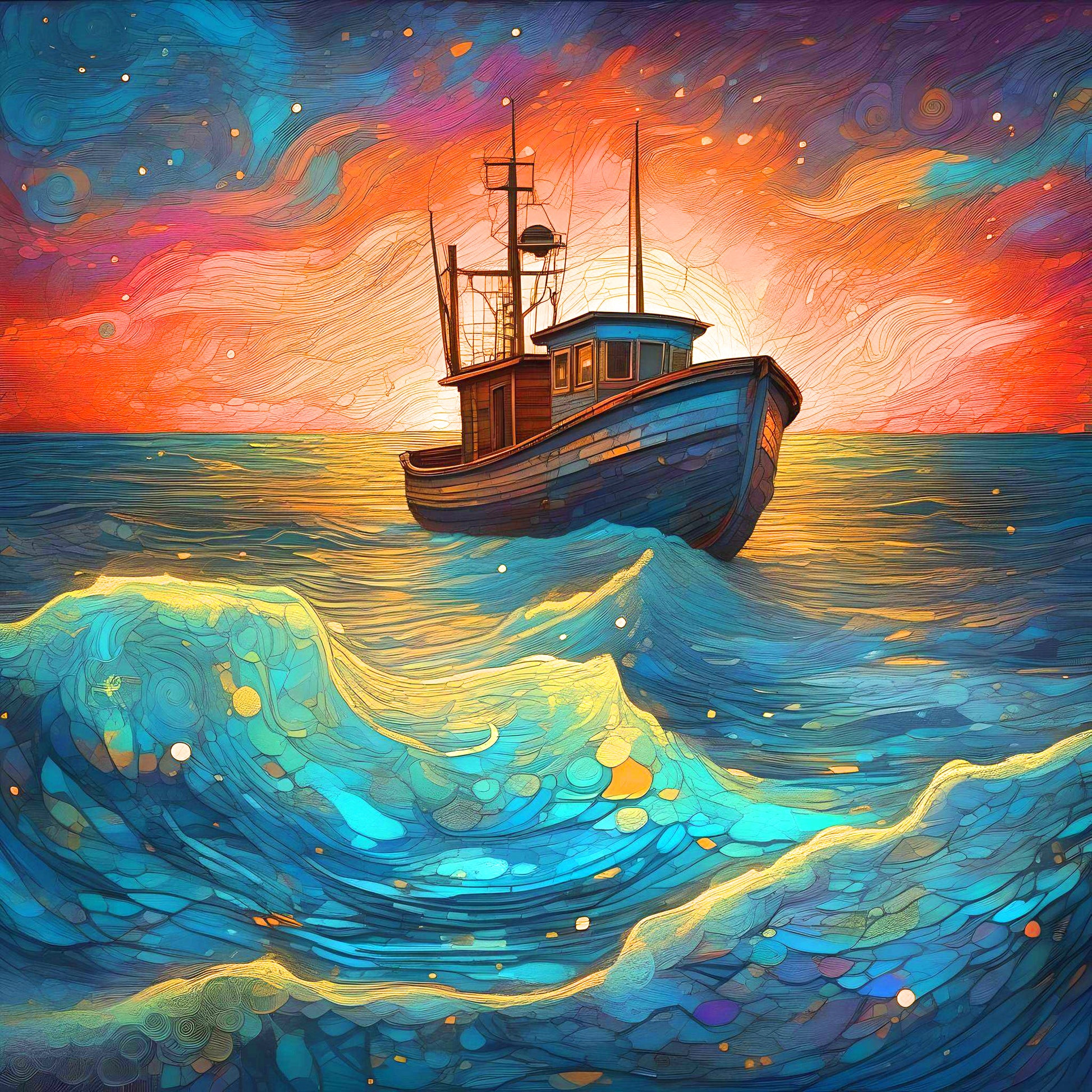 Abstract Fishing Boat Diamond Art Kit