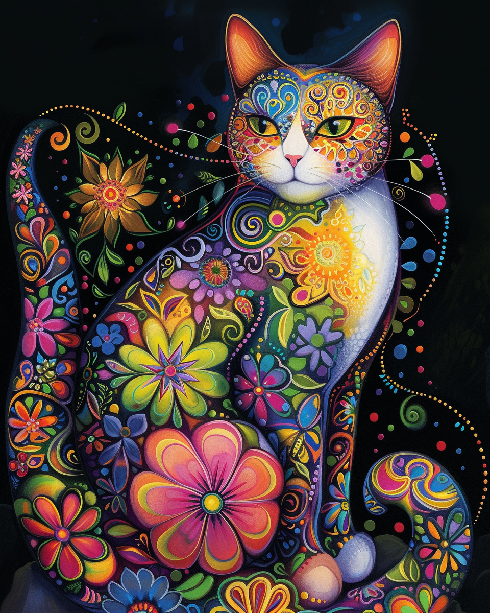 Abstract Flower Pattern Cat Diamond Art Kit